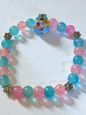 Pastel Blue and Pink Beaded Floral Heart Charm Stretch Bracelet
